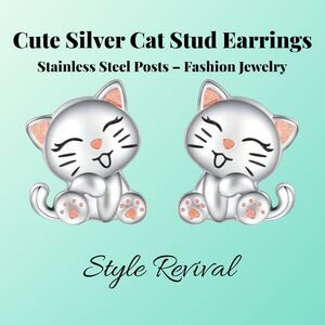 Cute Silver Cat Stud Earrings | Stainless Steel Posts | Kawaii Fashion Jewelry